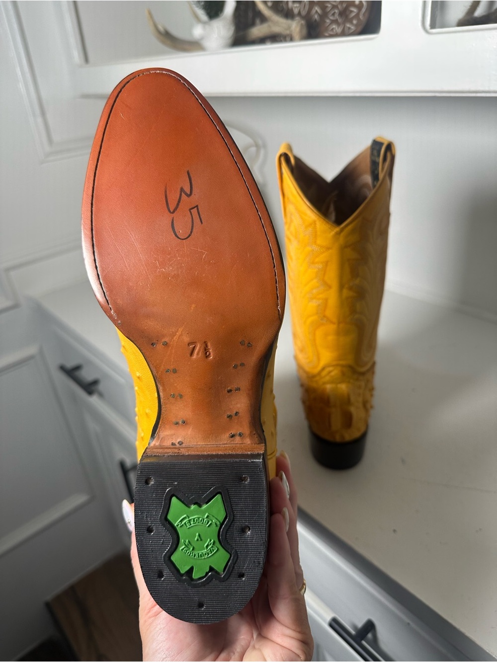 Botas El Paisa Exotic Ostrich Leg Cowboy Boots Women’s 9 Men’s 7.5 Mustard - Picture 8 of 11